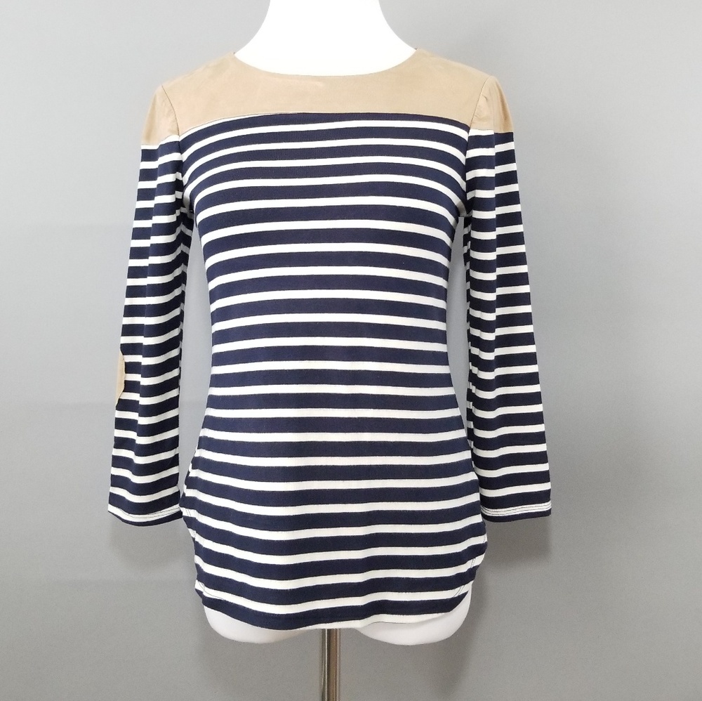Anthropologie Monteau Stripe Suede Elbow Patch Top